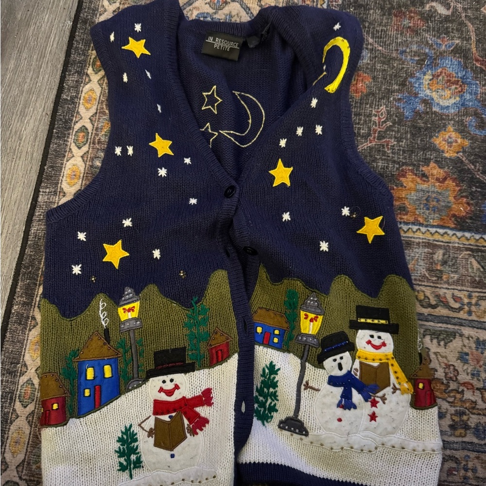 Navy Snowman and Stars Knit Vest. Vintage. Petites medium